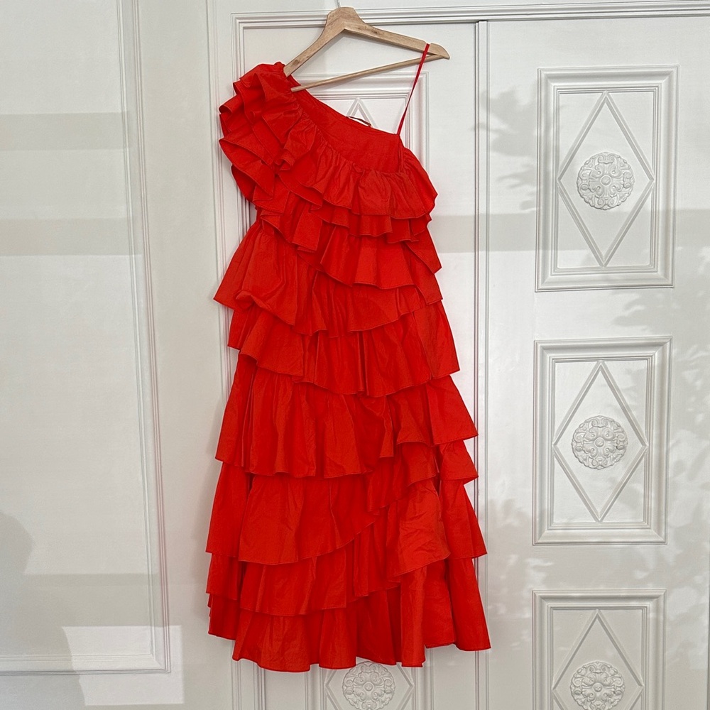 Asymmetrical Red Ruffle ULLA JOHNSON Dress